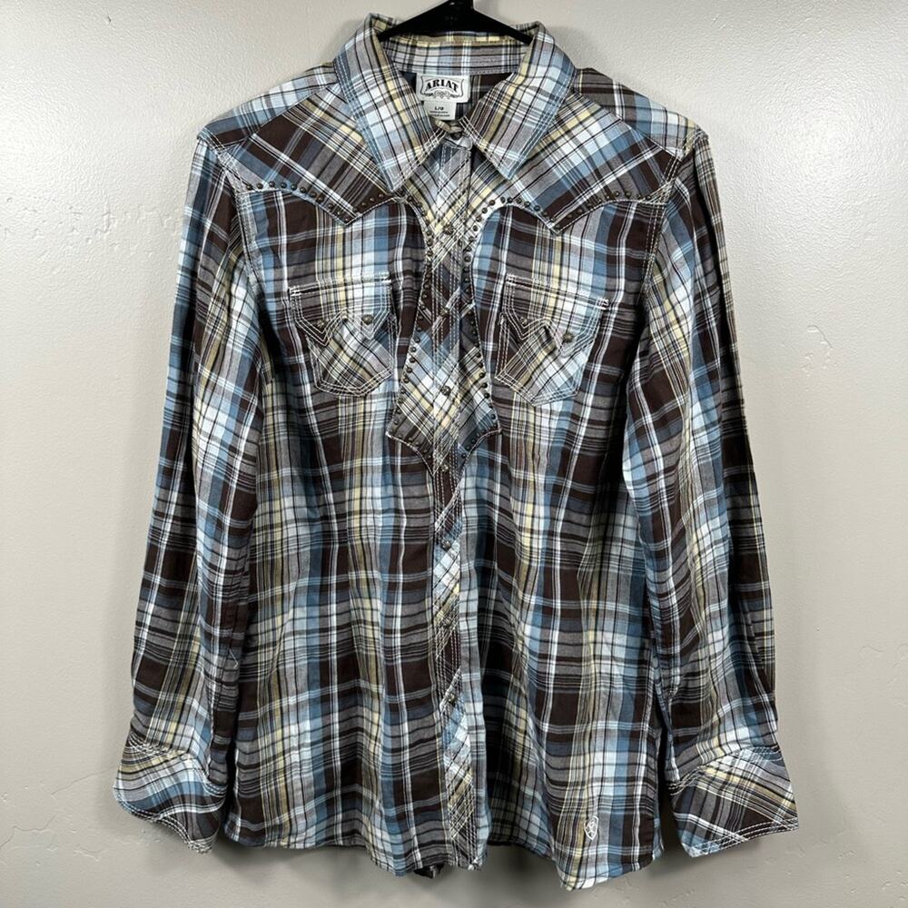 Ariat Women’s Snap Button Down Plaid Shirt Size Large - Brown / Blue / Grey